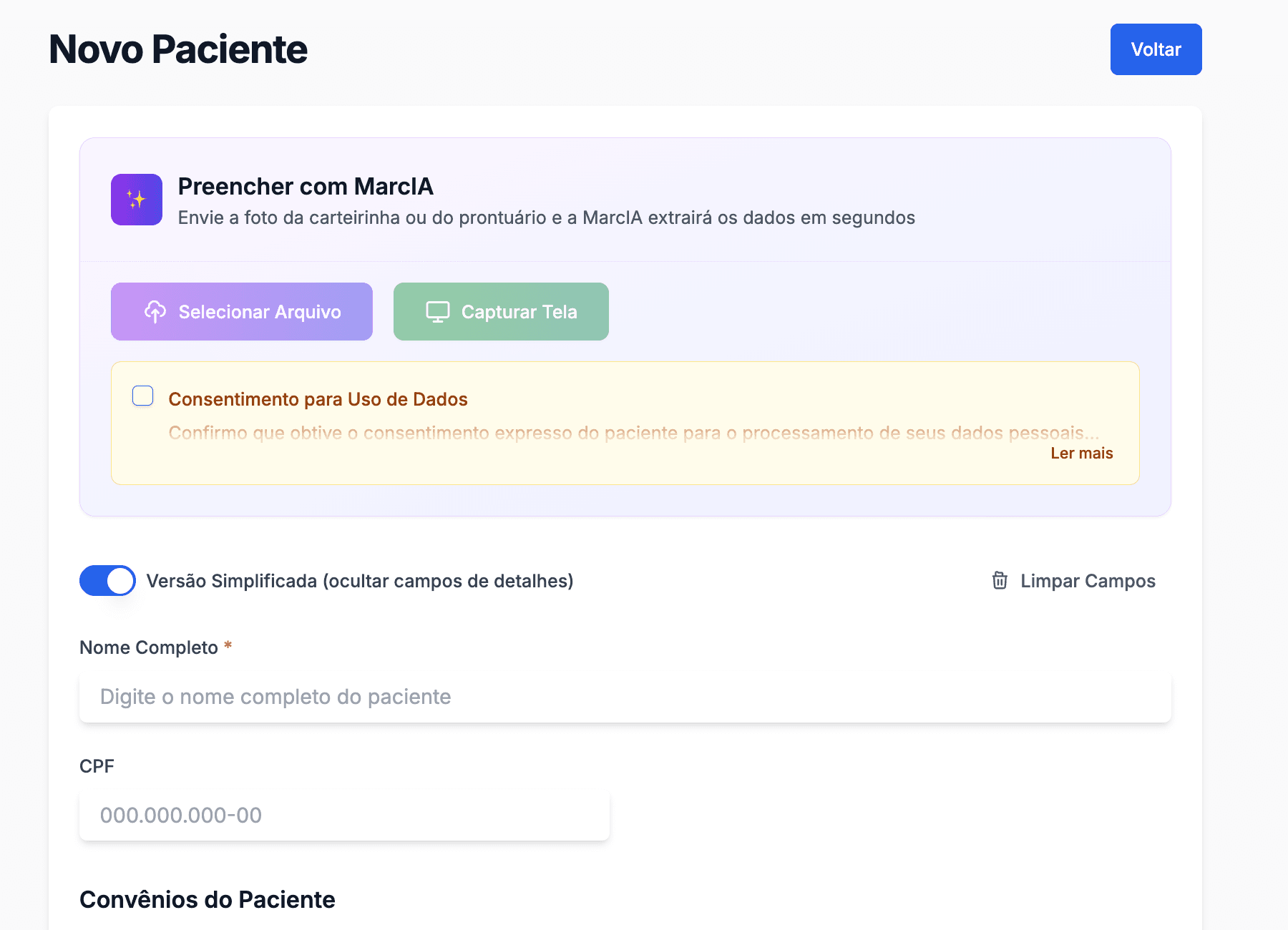 Cadastro de paciente com OCR inteligente da MarcIA
