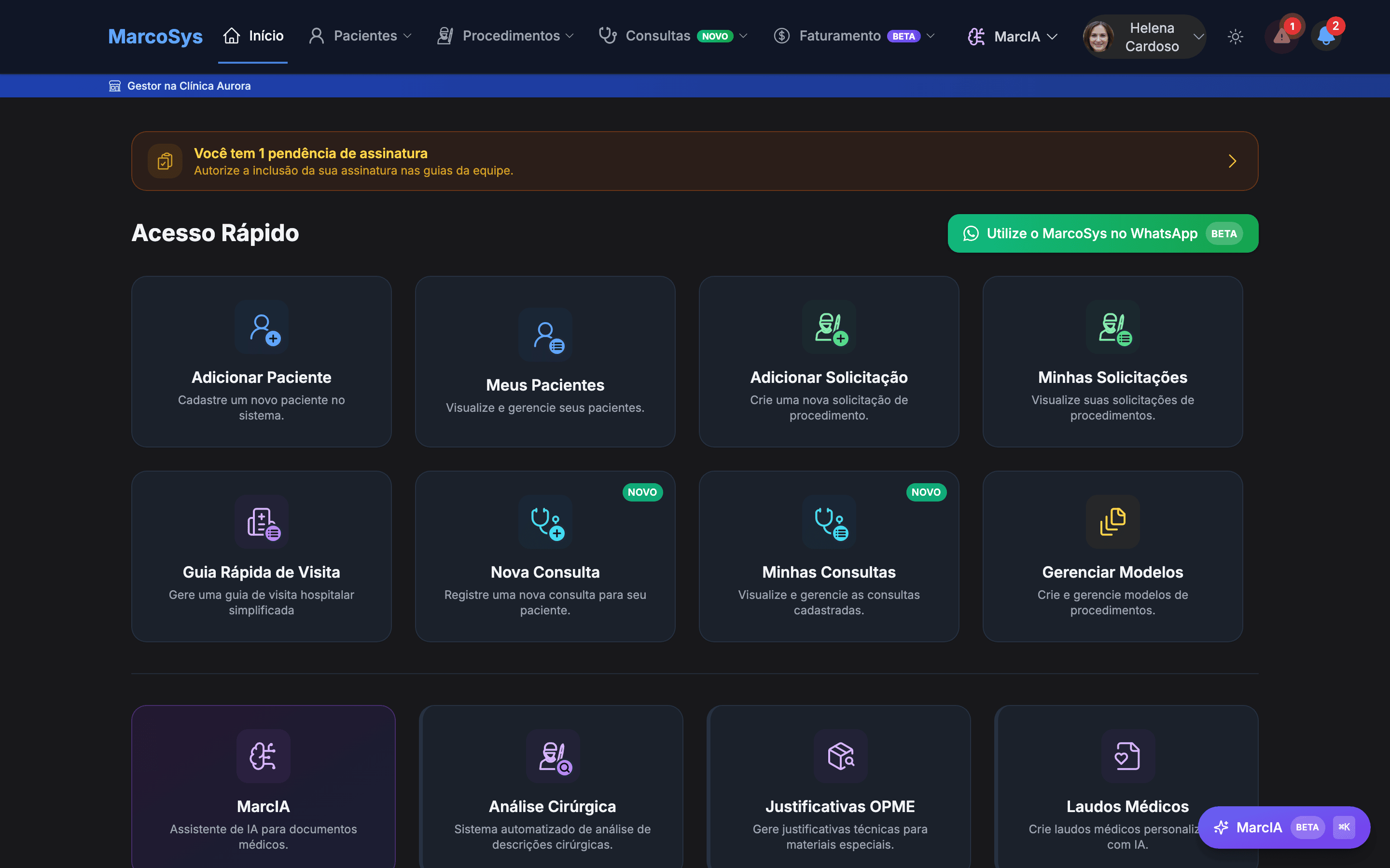 Dashboard do MarcoSys com pendências e guias recentes