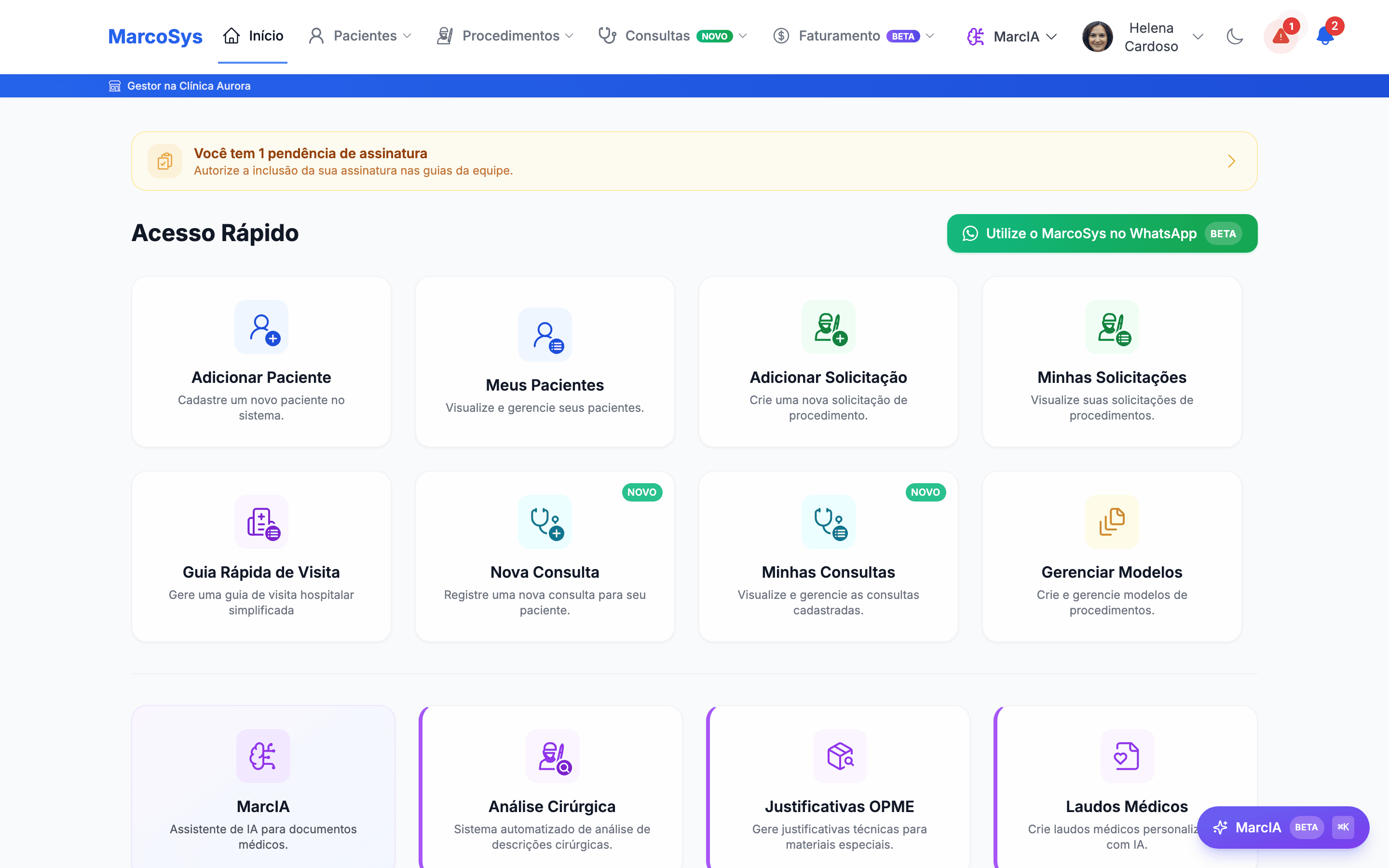 Dashboard do MarcoSys com pendências e guias recentes