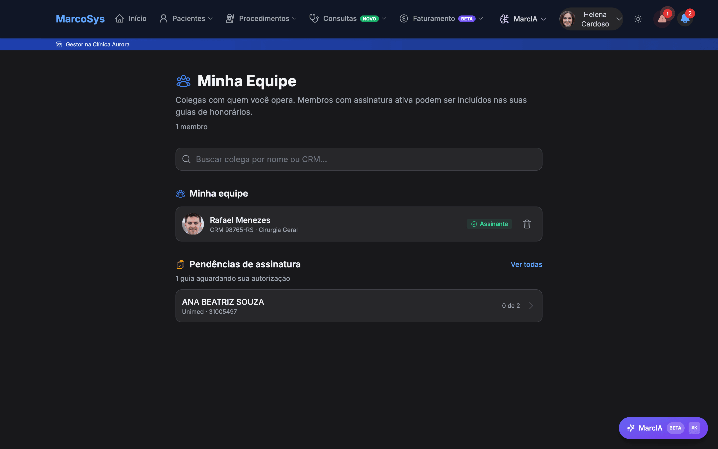 Tela Minha Equipe com convites e membros da equipe médica