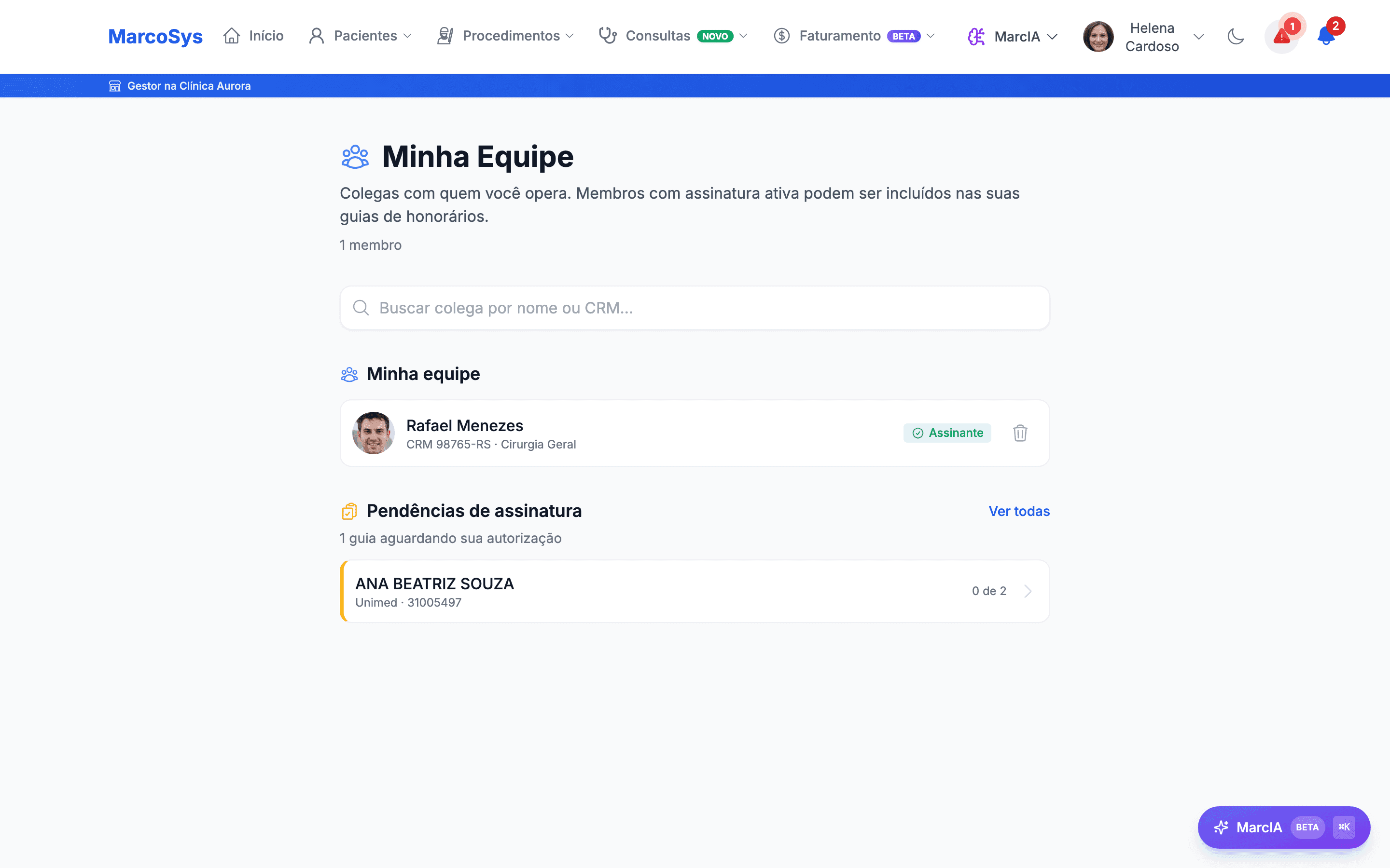 Tela Minha Equipe com convites e membros da equipe médica