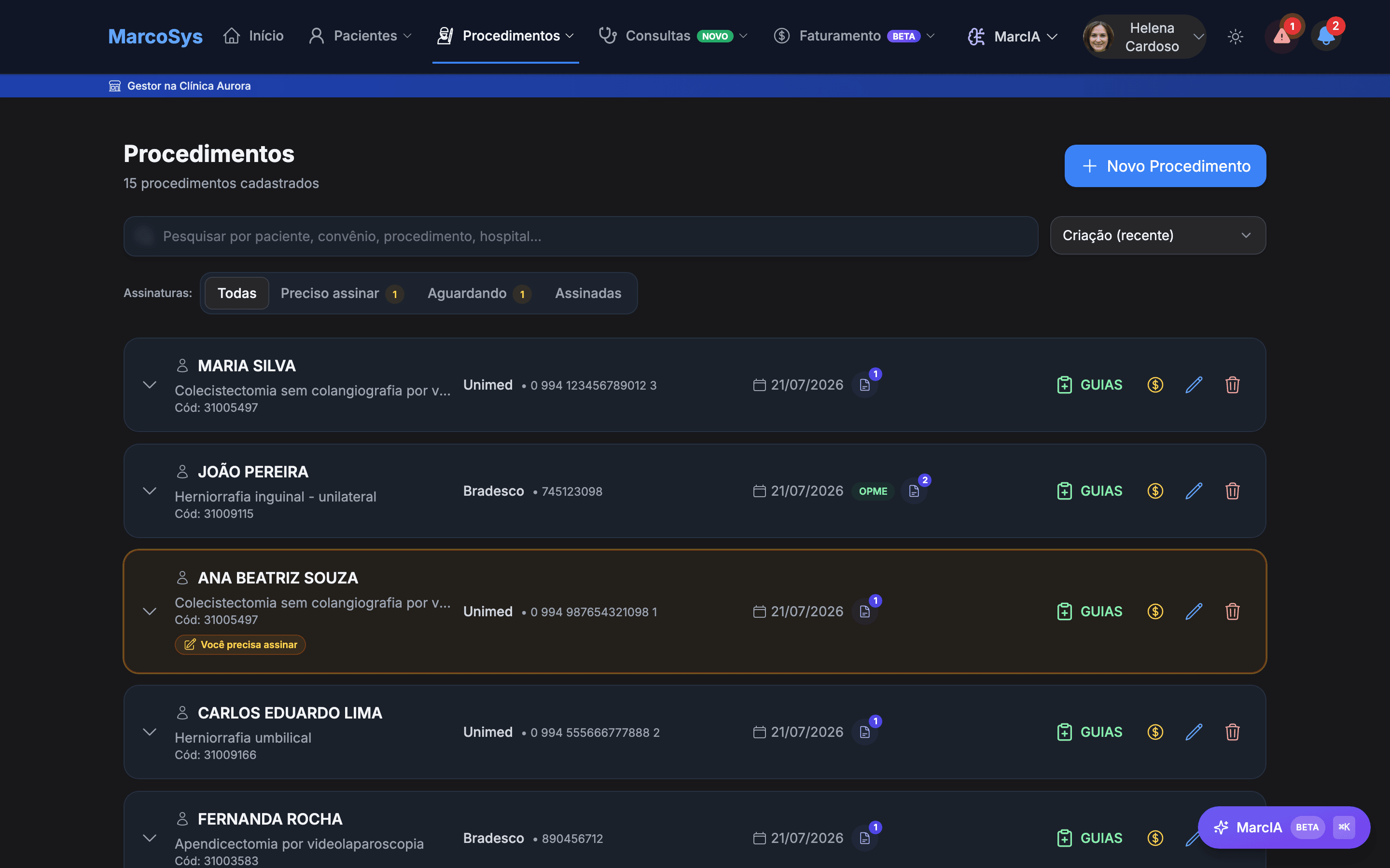 Lista de guias e procedimentos no MarcoSys