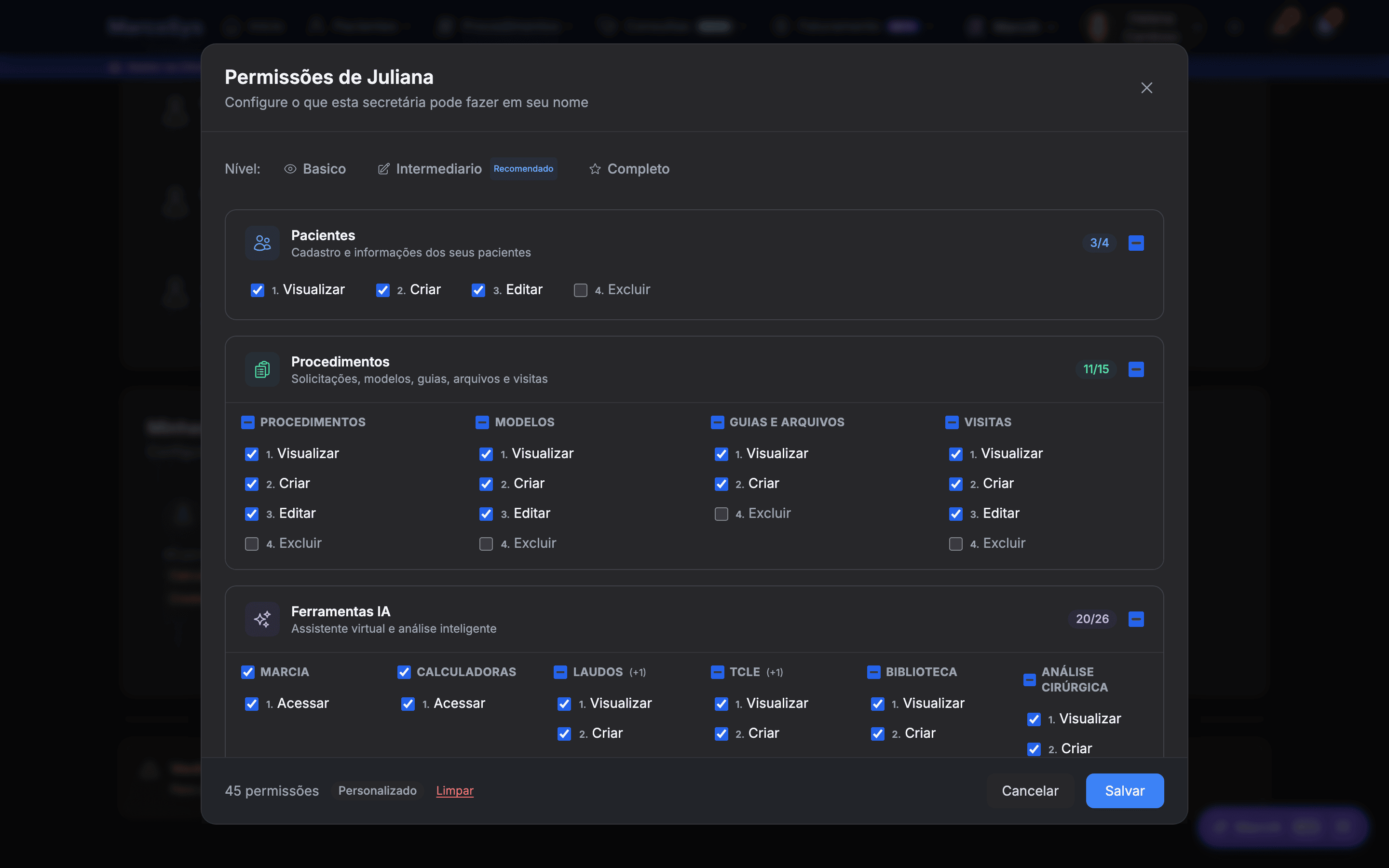 Modal de permissões da secretária com presets por médico