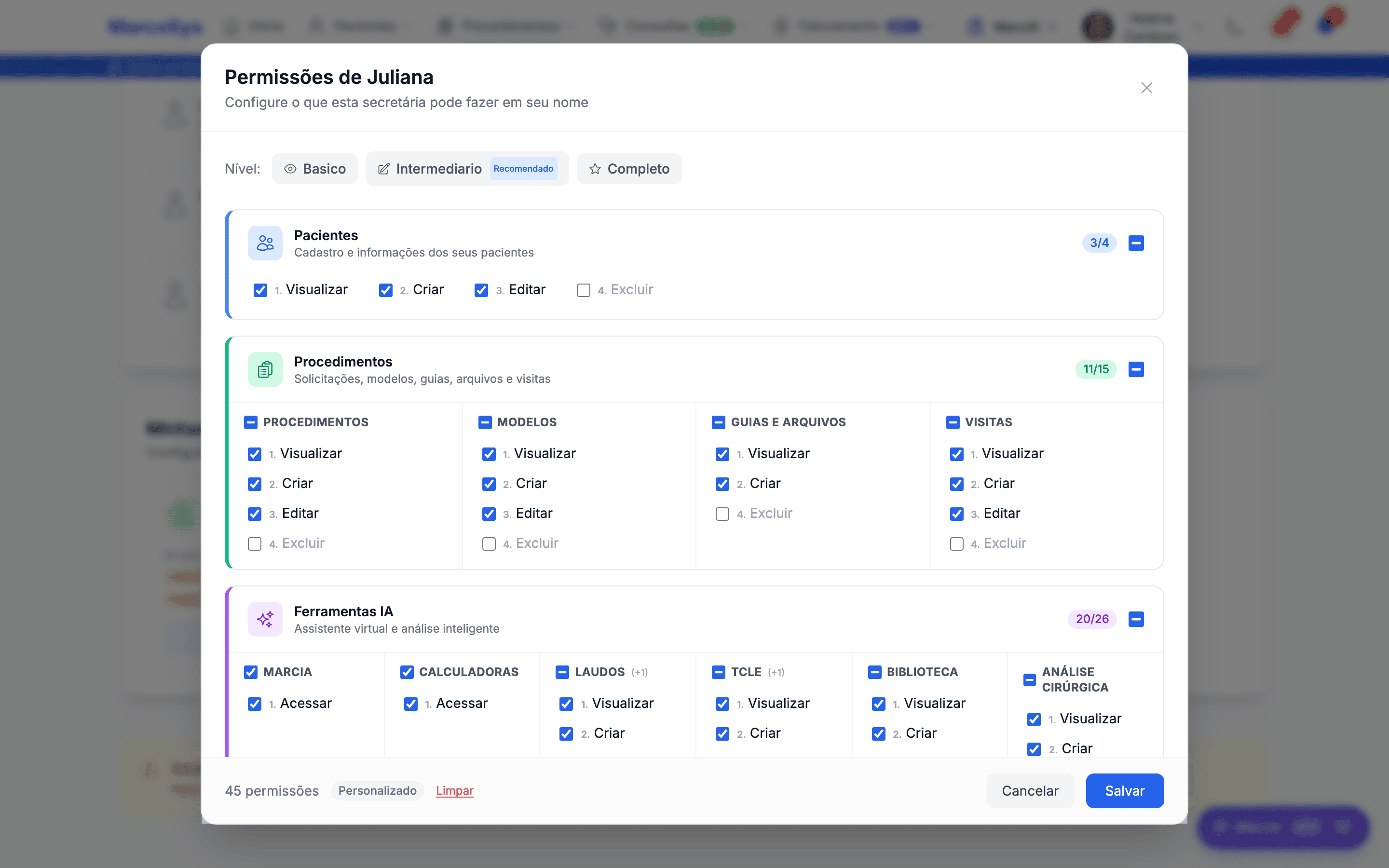 Modal de permissões da secretária com presets por médico